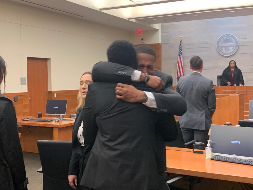 Amir I. Riep (facing camera) and Jahsen L. Wint (foreground), both 24, embrace on Feb. 9, 2023 after a Franklin County jury found them not guilty of a 2020 rape.  Riep and Wint were defensive players for the Ohio State University football team when a woman in her freshman year at Ohio State accused them of raping her on Feb. 4, 2020.