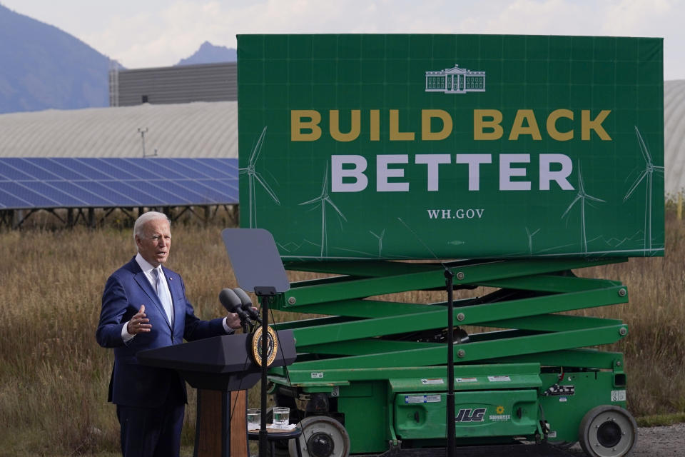 President Joe Biden speaks about infrastructure at the Flatirons campus of the National Renewable Energy Laboratory, Tuesday, Sept. 14, 2021, in Arvanda, Colo. (AP Photo/Evan Vucci)