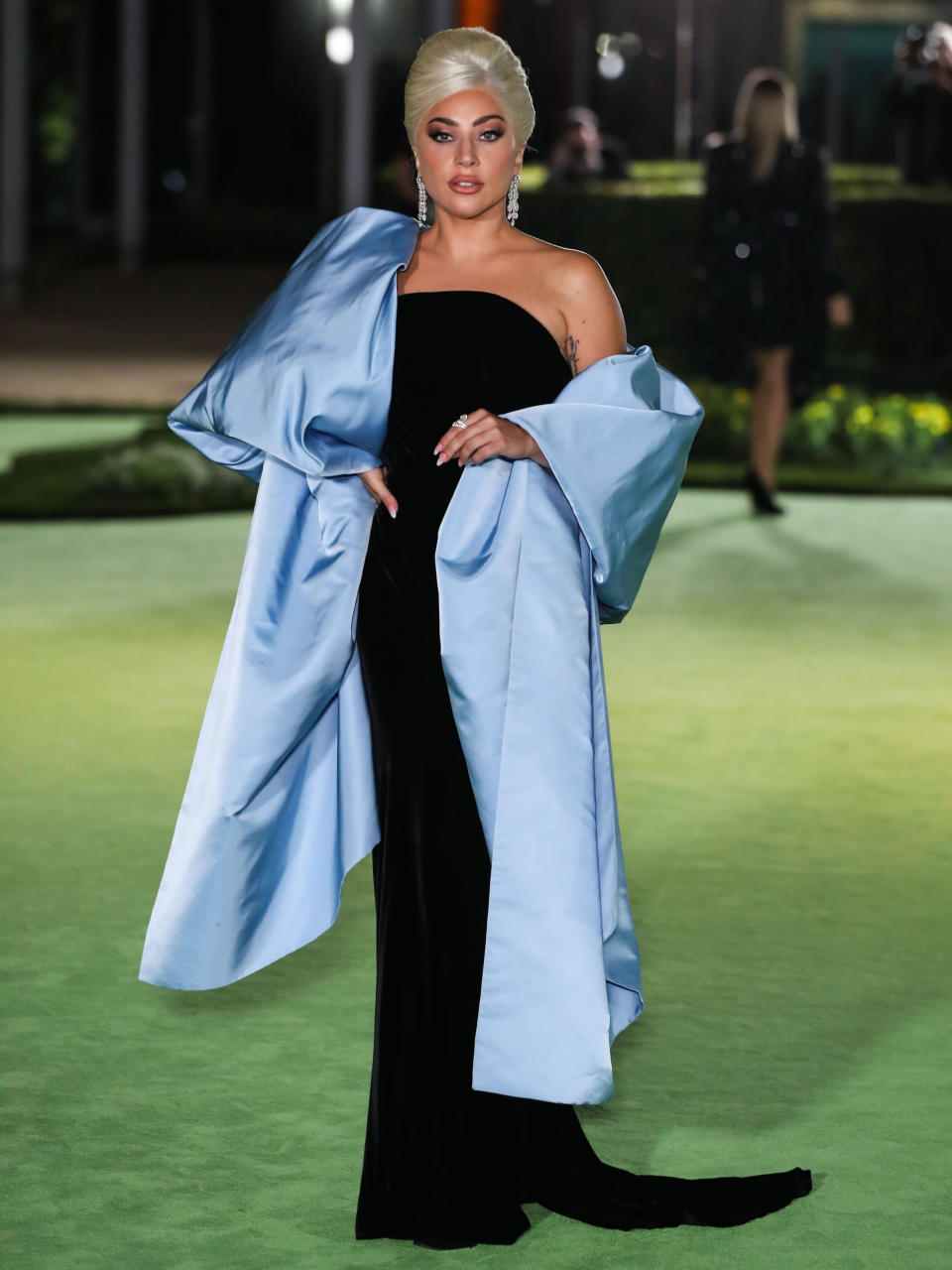 LOS ANGELES, CALIFORNIA, USA - SEPTEMBER 25: Singer Lady Gaga (Stefani Joanne Angelina Germanotta) wearing a custom Schiaparelli dress and Chopard jewelry arrives at the Academy Museum of Motion Pictures Opening Gala held at the Academy Museum of Motion Pictures on September 25, 2021 in Los Angeles, California, United States. (Photo by Xavier Collin/Image Press Agency/Sipa USA)