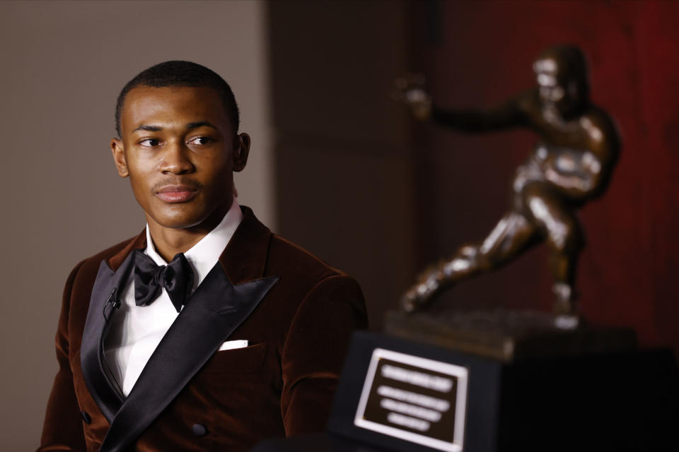 Heisman Trophy winner DeVonta Smith will hear his name called in the first round of next week's draft. (Photo by Kent Gidley/Heisman Trophy Trust via Getty Images)