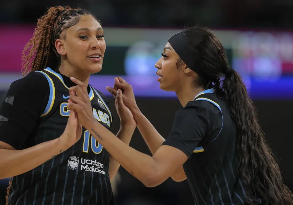 CHICAGO, IL - JUNE 04: Kamilla Cardoso #10 of the Chicago Sky and Angel Reese #5 of the Chicago Sky during the second half against the New York Liberty on June 4, 2024 at Wintrust Arena in Chicago, Illinois. (Photo by Melissa Tamez/ Icon Sportswire)