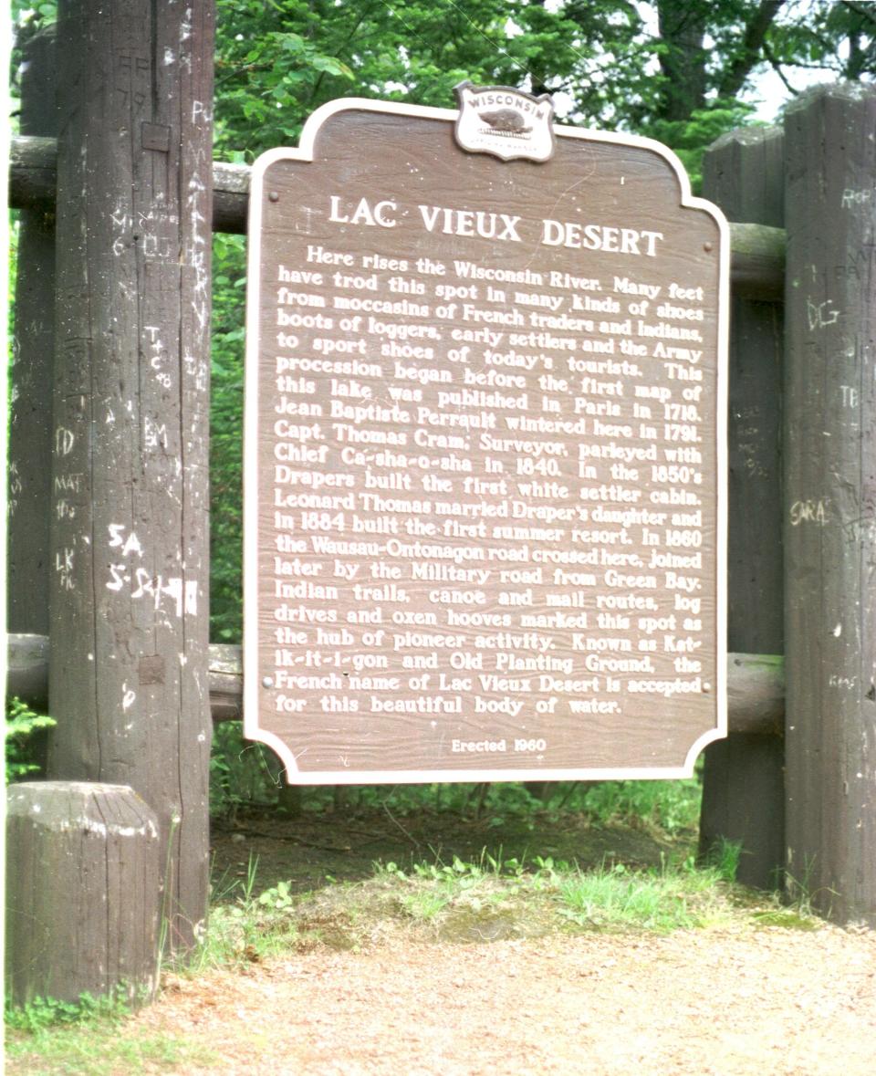 A Wisconsin historical marker marks the shore of Lac Vieux Desert, a lake that straddles the Wisconsin-Michigan border that proves central to the debate over the Wisconsin-Michigan border.