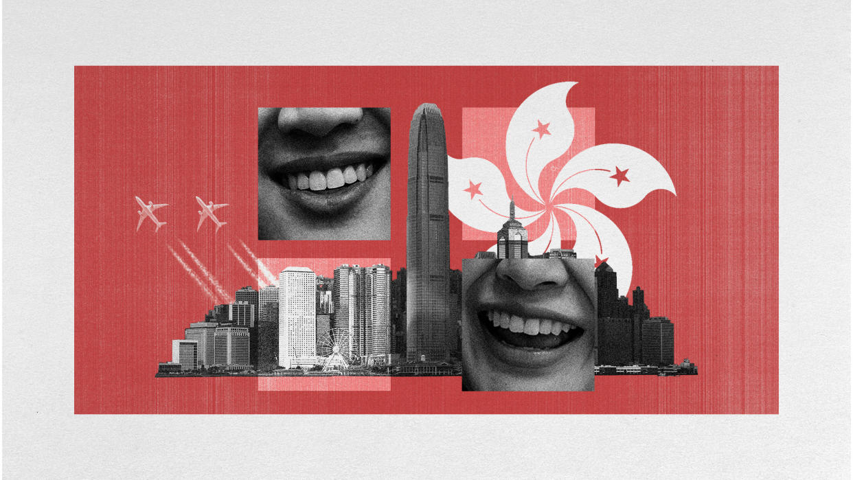  Photo collage of the Hong Kong skyline, smiling mouths, and flying planes leaving trails in the air. 