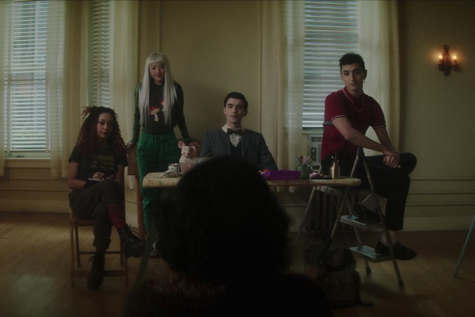 (L to R) Kassius Nelson as Crystal Palace, Yuyu Kitamura as Niko Sasaki, George Rexstrew as Edwin Payne, and Jayden Revri as Charles Rowland in episode three of *Dead Boys Detectives.*