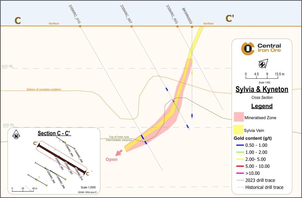 Cross Section of the Sylvia Vein Showing 2023 and Historical Grade Distribution Downhole