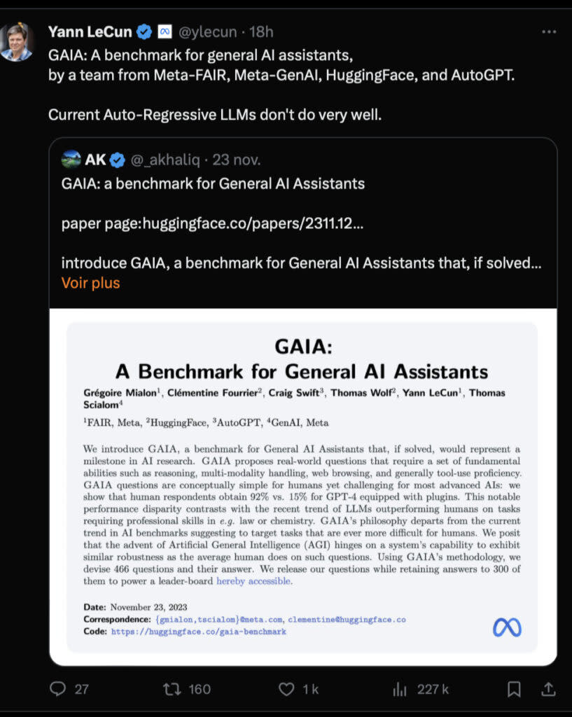 Yann LeCun, le Français en charge de l'IA chez Meta, a partagé GAIA sur son compte Twitter.