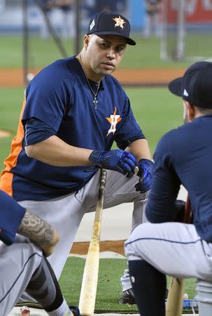 FILE PHOTO: Oct 23, 2017; Los Angeles, CA, USA; Houston Astros designated hitter Carlos Beltran (15) talks to players during batting practice one day prior to game one of the World Series against the Los Angeles Dodgers at Dodger Stadium. Jayne Kamin-Oncea-USA TODAY Sports