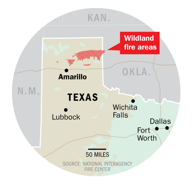 A map demonstrating the spread of wildfires across the Texas Panhandle and into Oklahoma.<span class="copyright">Lon Tweeten for TIME</span>