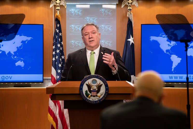 U.S. Secretary of State Mike Pompeo speaks to the media at the State Department in Washington