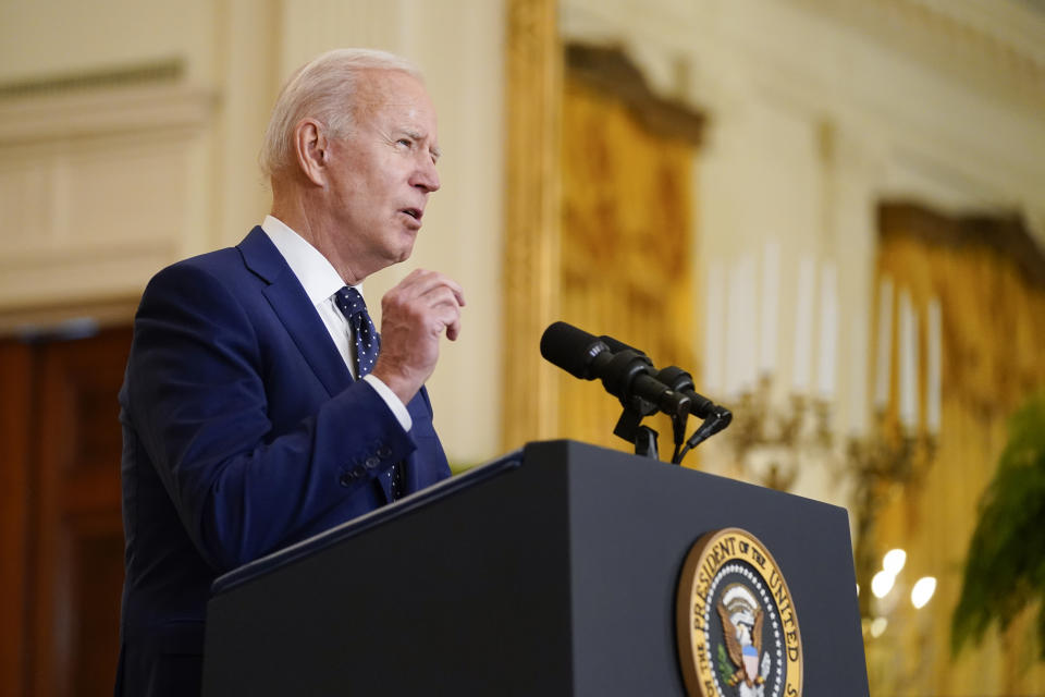 President Joe Biden speaks about Russia in the East Room of the White House, Thursday, April 15, 2021, in Washington. (AP Photo/Andrew Harnik)