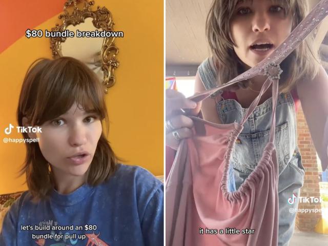 Screenshots from Micah Russell&#39;s TikTok, where she&#39;s talking about assembling a vintage bundle and holding up some of her finds.