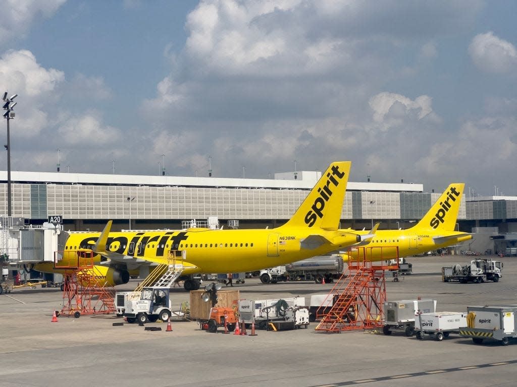 Spirit airlines planes sits at the gate at George Bush Intercontinental Airport (IAH) in Houston, Texas, on March 8, 2023.