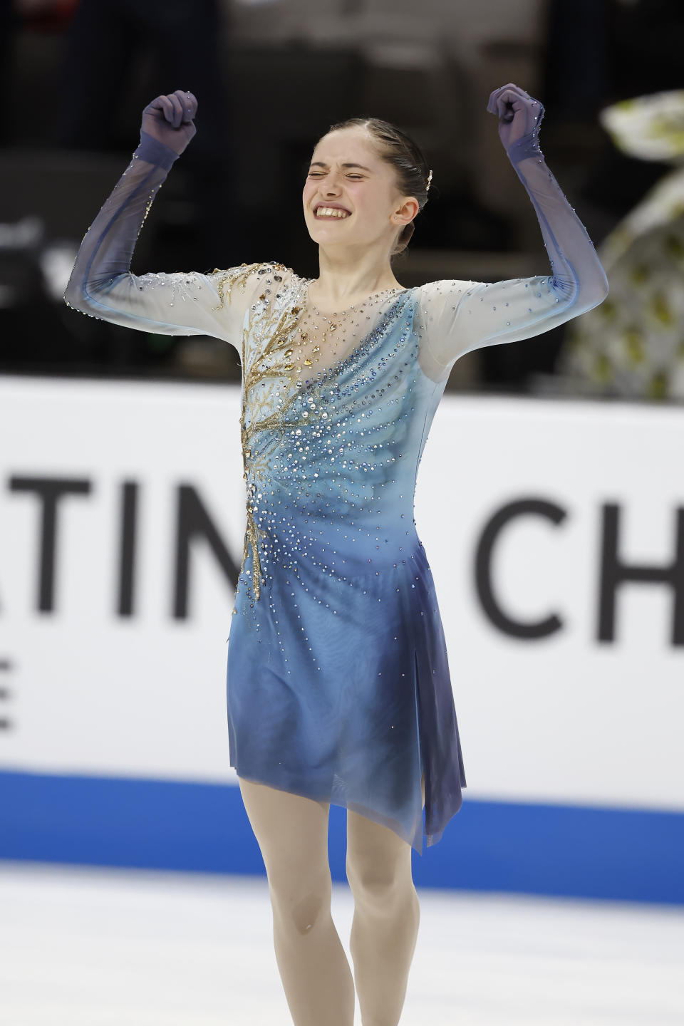 Isabeau Levito reacts after her performance during the women's free skate at the U.S. figure skating championships in San Jose, Calif., Friday, Jan. 27, 2023. (AP Photo/Josie Lepe)