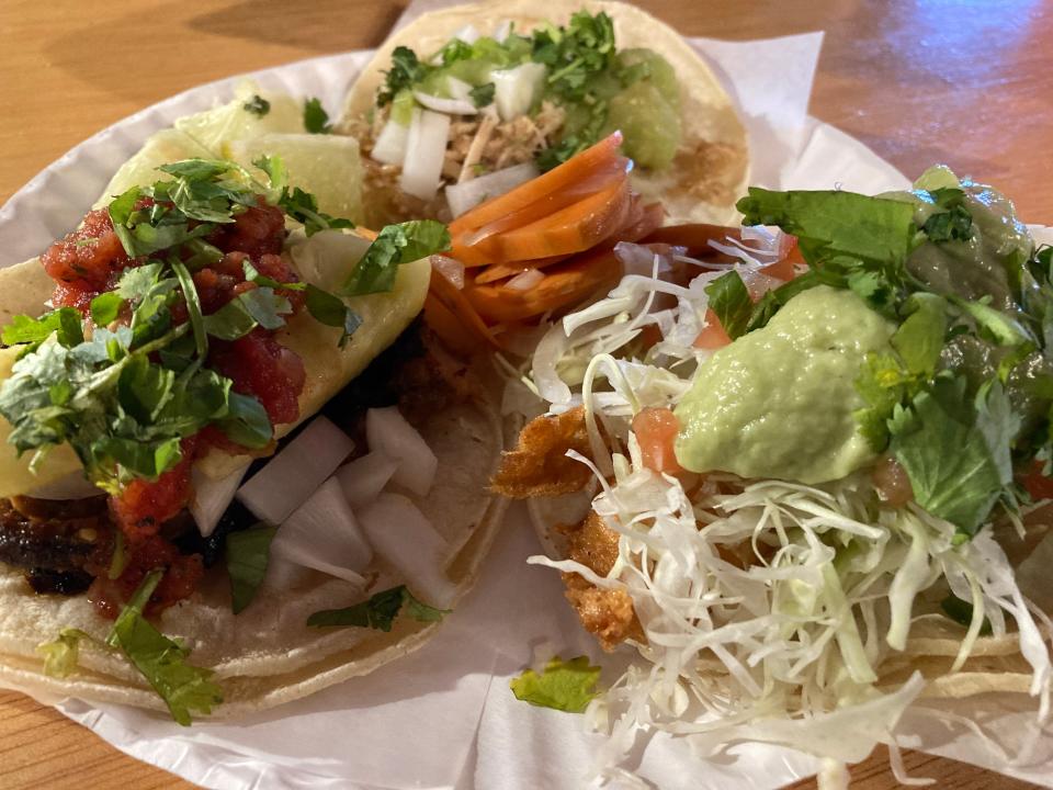 Clockwise from left, al pastor, carnitas and Baja fish tacos from Alfie's Wild Ride in Stowe, shown Nov. 8, 2021.