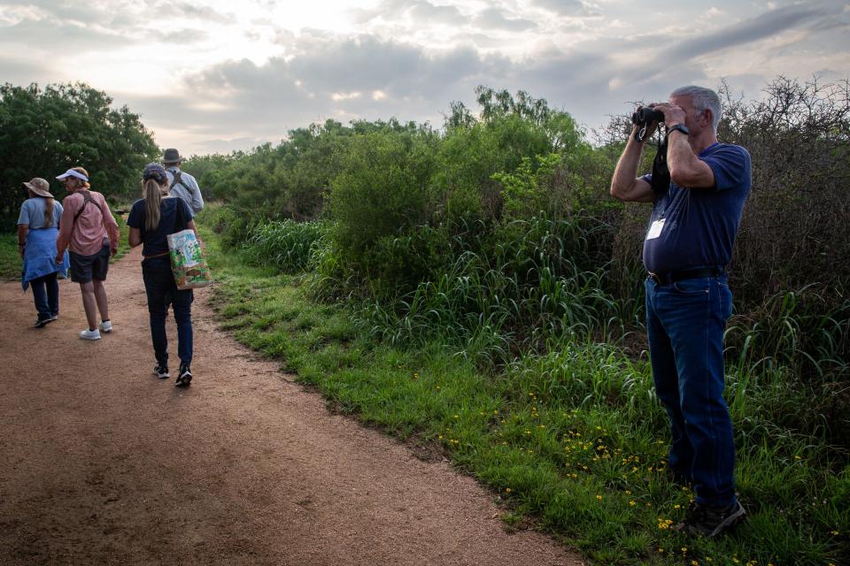 Birder Dan Cummings, of Washington state, hangs back from a tour group and looks through binoculars for migratory birds at Oso Bay Wetlands Preserve during a Birdiest Festival in America event on Thursday in Corpus Christi.