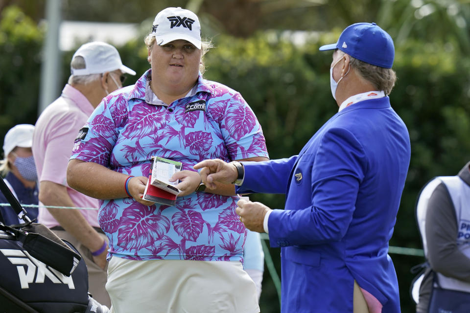 Haley Moore talks to the starter on the first hole during the first round of the LPGA Pelican Women's Championship golf tournament Thursday, Nov. 19, 2020, in Belleair, Fla. (AP Photo/Chris O'Meara)