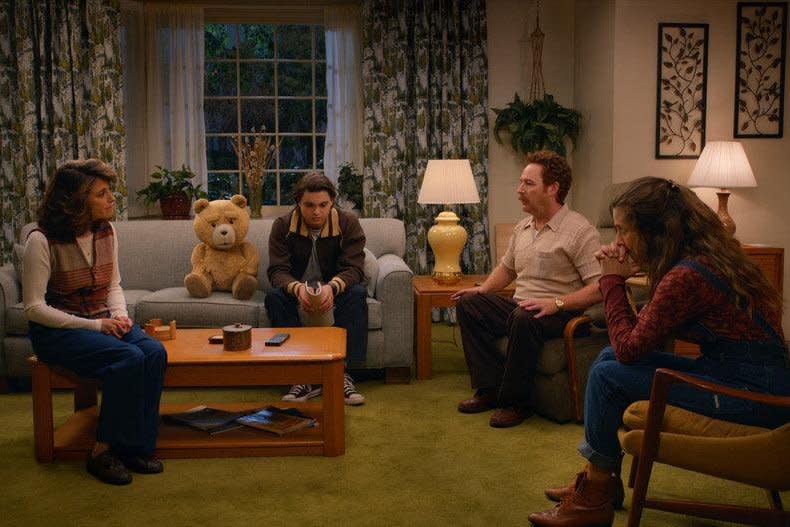 From left, Alanna Ubach, Max Burkholder, Scott Grimes and Giorgia Whigham star in "Ted." Photo courtesy of Peacock