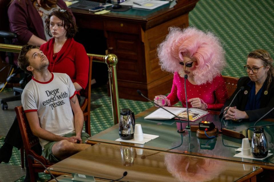 Drag Queen Brigitte Bandit gives testimony in the Senate Chamber at the Texas State Capitol in Austin, on March 23. People across the state of Texas showed up to give testimony as proposed Senate bills SB12 and SB1601, which would regulate drag performances, were discussed before the Chamber.<span class="copyright">Brandon Bell—Getty Images</span>