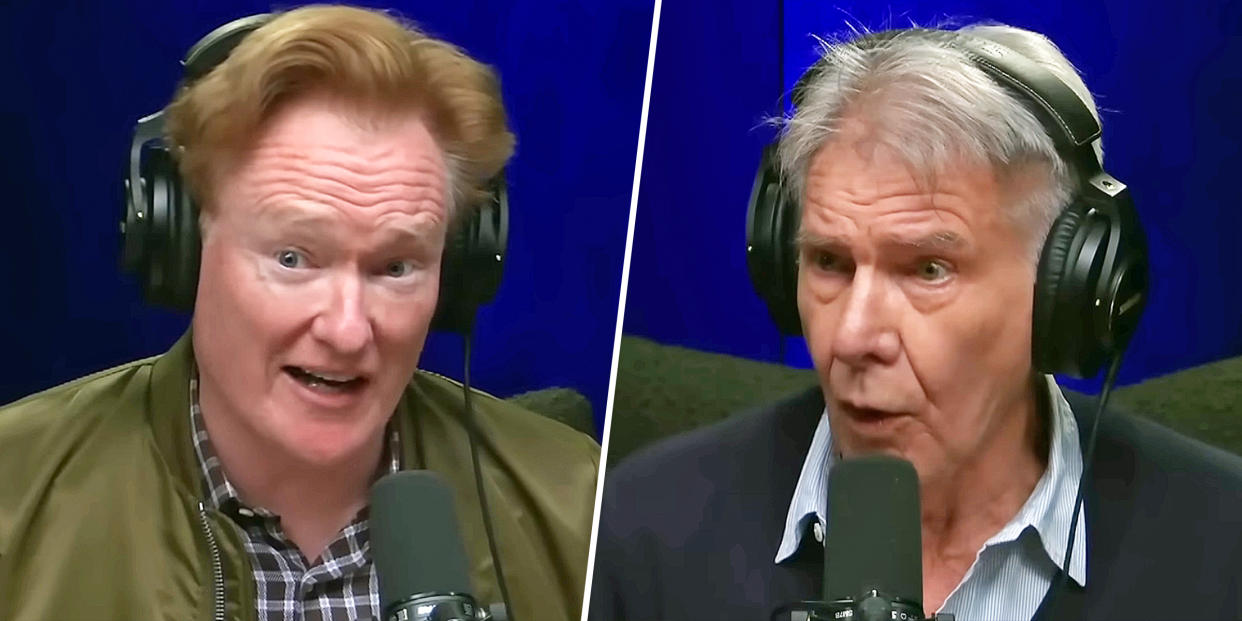 Conan O'Brien (left) and Harrison Ford (right) had an entertaining war of words. (Team Coco via YouTube)