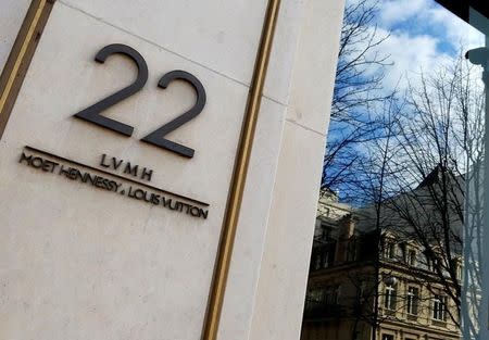 The logo of French luxury group LVMH is seen at the company headquarters in Paris, France, France, February 23, 2016. REUTERS/Jacky Naegelen/File Photo