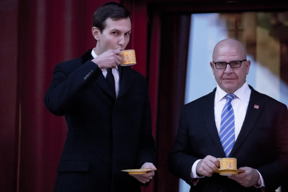 <p>President Donald Trump’s White House Senior Adviser Jared Kushner and National Security Adviser H.R. McMaster, share a drink together before President Donald Trump and Chinese President Xi Jinping arrive for a Chinese opera performance at the Forbidden City, Wednesday, Nov. 8, 2017, in Beijing, China. (Photo: Andrew Harnik/AP) </p>