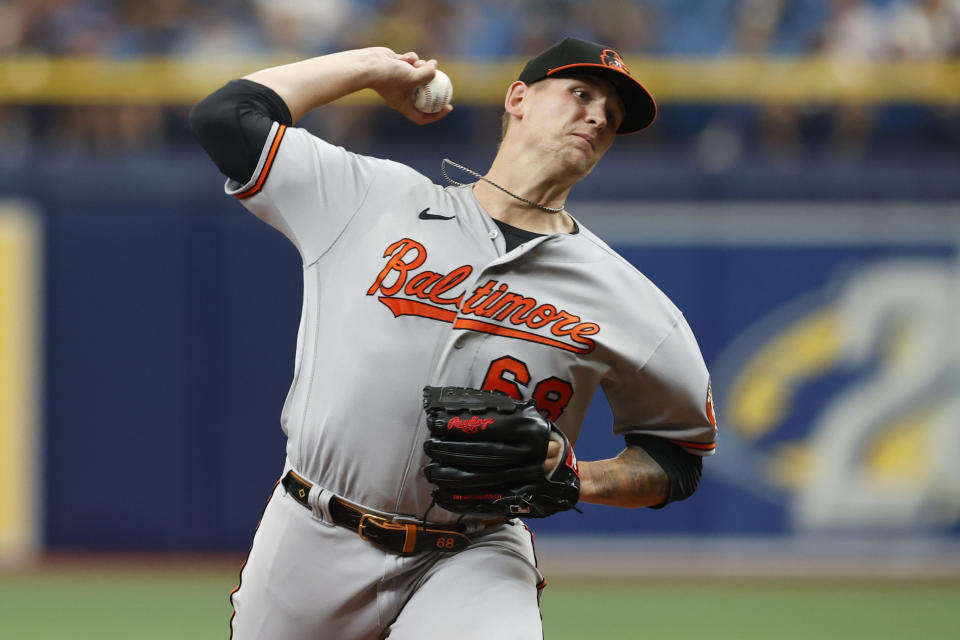 Baltimore Orioles starting pitcher Tyler Wells throws to a Tampa Bay Rays batter during the first inning of a baseball game, Sunday, July 23, 2023, in St. Petersburg, Fla. (AP Photo/Scott Audette)