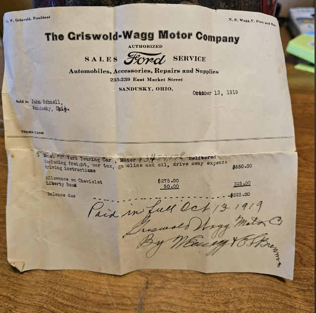 Old receipt from The Criswold-Wagg Motor Company dated October 13, 1919, detailing the sale of a Ford Touring Car to John Schmidl for $275 with additional charges