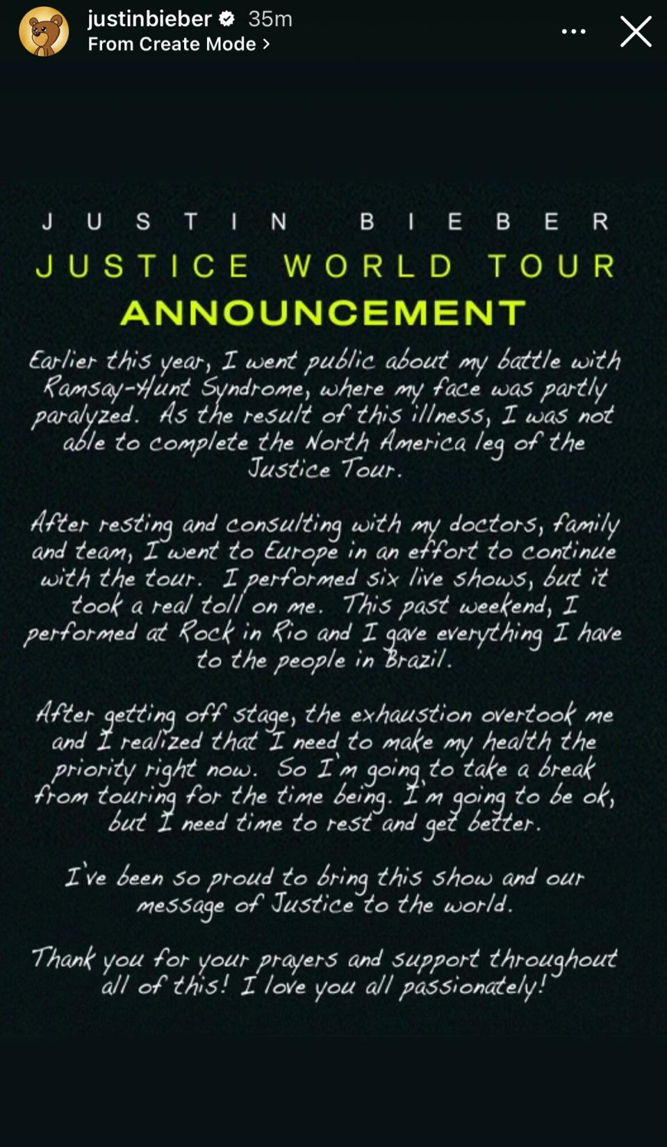 Justin Bieber Cancels Tour