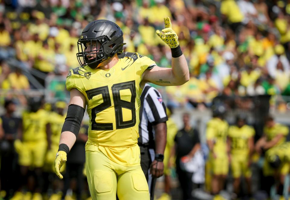 Oregon linebacker Bryce Boettcher and the Ducks visit Texas Tech for a game at 6 p.m. Saturday. Oregon, No. 13 in both major polls, is the highest-ranked non-conference opponent to play at Jones AT&T Stadium since 1994 and the highest-ranked non-conference opponent for a Tech home opener since 1979.