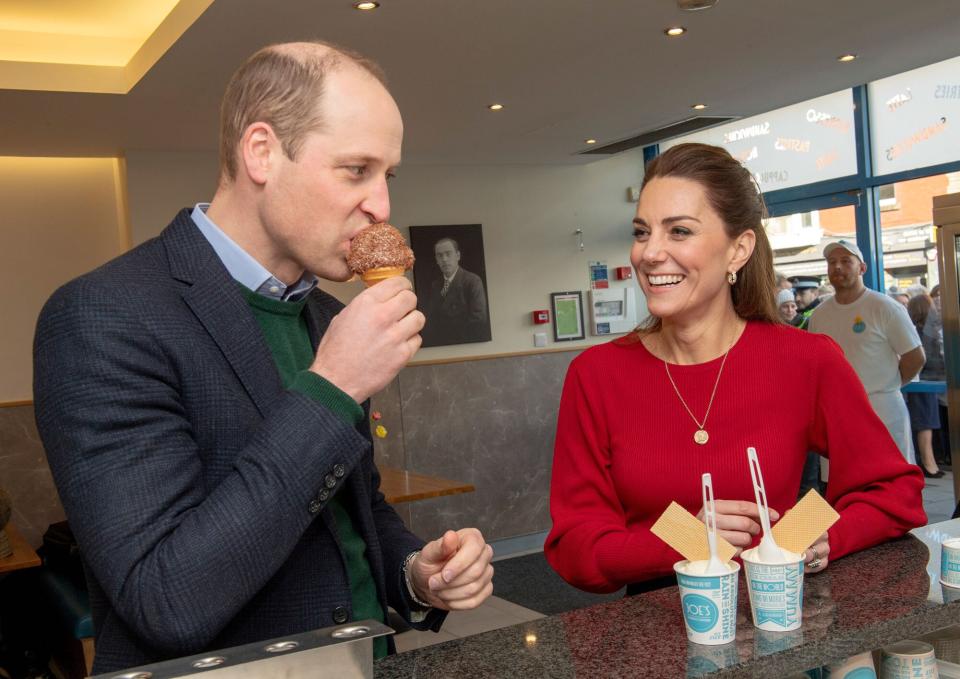 Prince William, Duke of Cambridge and Catherine, Duchess of Cambridge visit Joe's Ice Cream Parlour in the Mumbles to meet local parents and carers on February 04, 2020 near Swansea, South Wales.The Duchess of Cambridge launched a landmark survey '5 Big Questions on the Under Fives' on the 21st January which aims to spark a UK-wide conversation on raising the next generation.