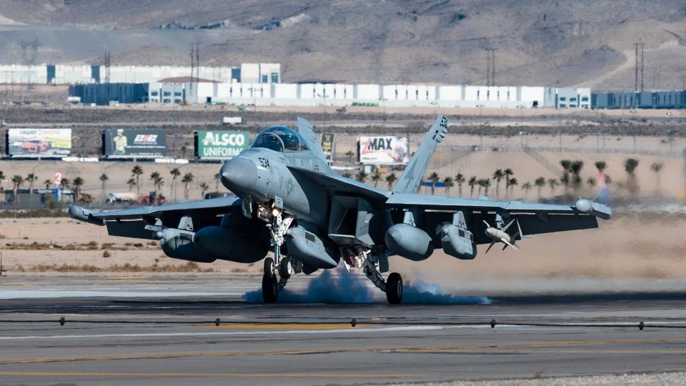 A U.S. Navy EA-18G Growler at Nellis AFB for Red Flag 24-1. <em>USAF/William R. Lewis</em>