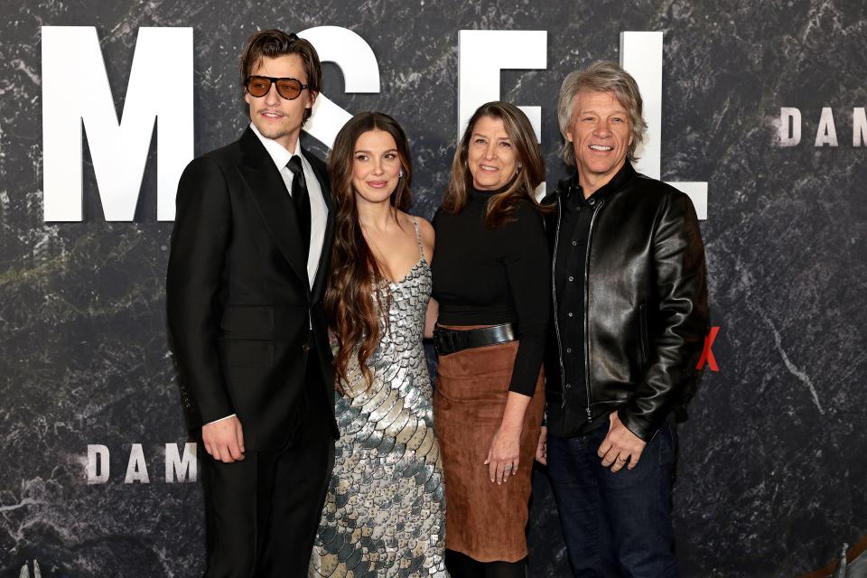 Jake Bongiovi, Millie Bobby Brown, Dorothea Hurley and Jon Bon Jovi attend the "Damsel" world premiere at The Plaza on March 1, 2024, in New York City.