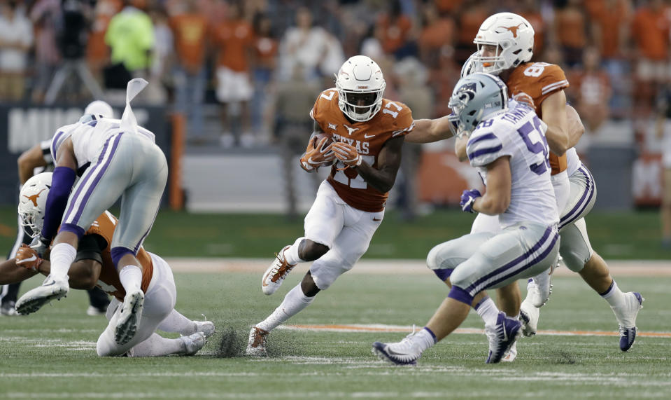 Texas wide receiver Reggie Hemphill-Mapps (17) runs against Kansas State during the first half of an NCAA college football game, Saturday, Oct. 7, 2017, in Austin, Texas. (AP Photo/Eric Gay)