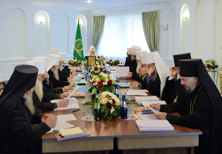 A meeting of the Holy Synod of Russian Orthodox Church in Minsk, shown in a picture distributed by the Moscow Patriarchate press service