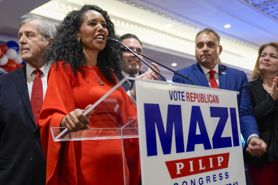 Republican candidate for New York's 3rd congressional district Mazi Pilip speaks to supporters during an election night party, Tuesday, Feb. 13, 2024, in East Meadow, N.Y. (AP Photo/Mary Altaffer)