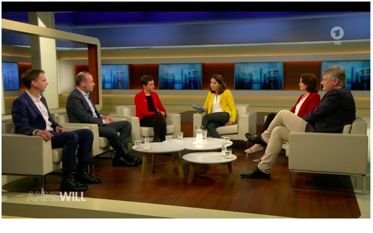 Bei Anne Will diskutierten (von links): Martin Knobbe (Spiegel), Manfred Weber (CSU), Ska Keller (Grüne), Anne Will (ARD), Katharina Barley (SPD) und Jörg Meuthen (AfD) Foto: Screenshot ARD