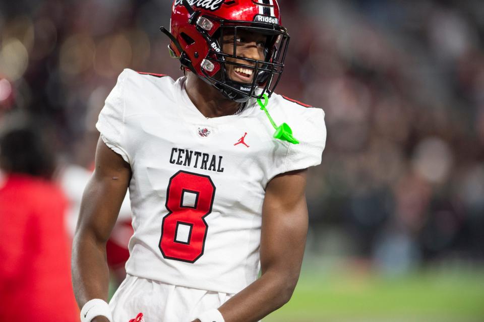 Central Phenix City's Cameron Coleman (8) during warm ups as Central Phenix City faces Thompson in the Class 7A football state championship at Bryant-Denny Stadium in Tuscaloosa, Ala., on Wednesday, Dec. 6, 2023. Central Phenix City leads Thompson 14-3 at halftime.