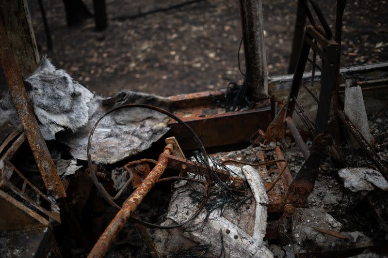 The driver's seat of a burnt bus in the village of Mogo