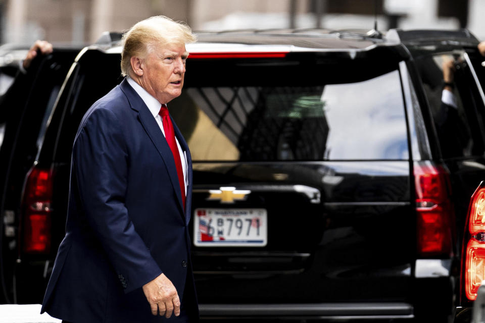 Former President Donald Trump departs Trump Tower on Wednesday, Aug. 10, 2022, in New York, on his way to the New York attorney general's office for a deposition in a civil investigation. / Credit: Julia Nikhinson / AP