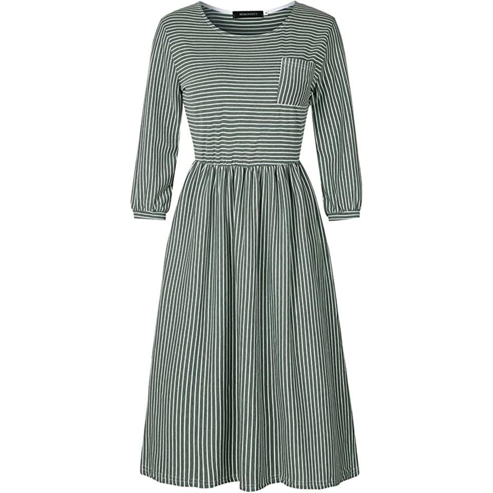 MEROKEETY Women's 3/4 Balloon Sleeve Striped High Waist T Shirt Midi Dress with Pockets