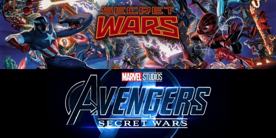 The logo for Marvel's 2015 reboot of Secret Wars, and the title treatment for the sixth Avengers film, also called Secret Wars.