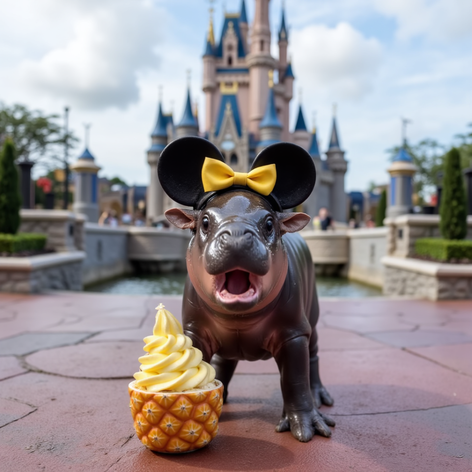 Hippo figurine with Mickey Mouse ears and a yellow bow next to a Dole Whip dessert in front of Cinderella's castle in a Disney park