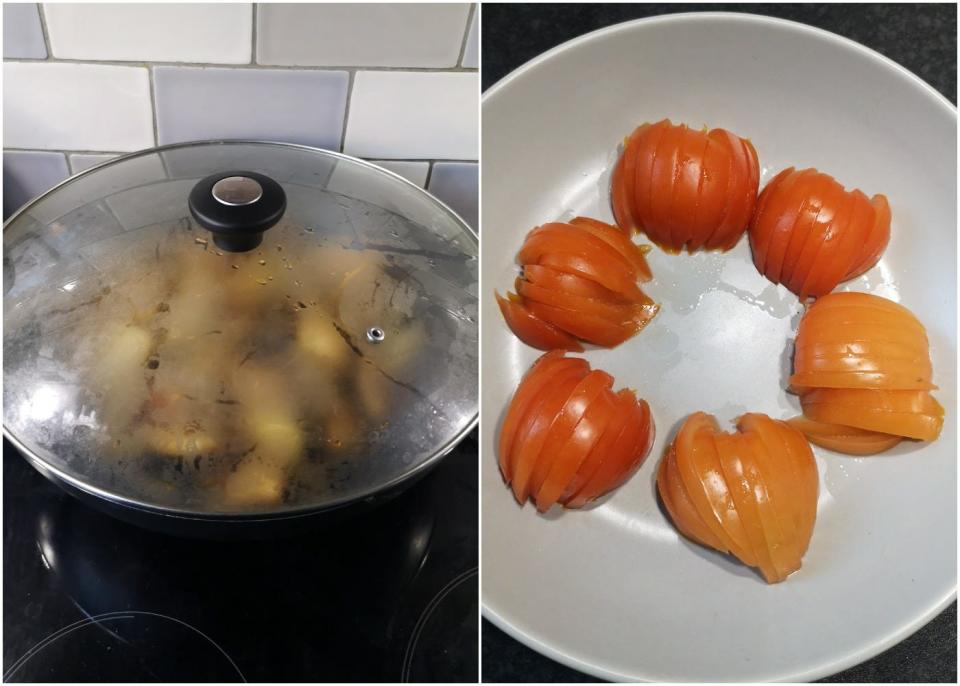 The curry mix cooking with a lid on and tomatoes chopped to be added to the baingan bharta.