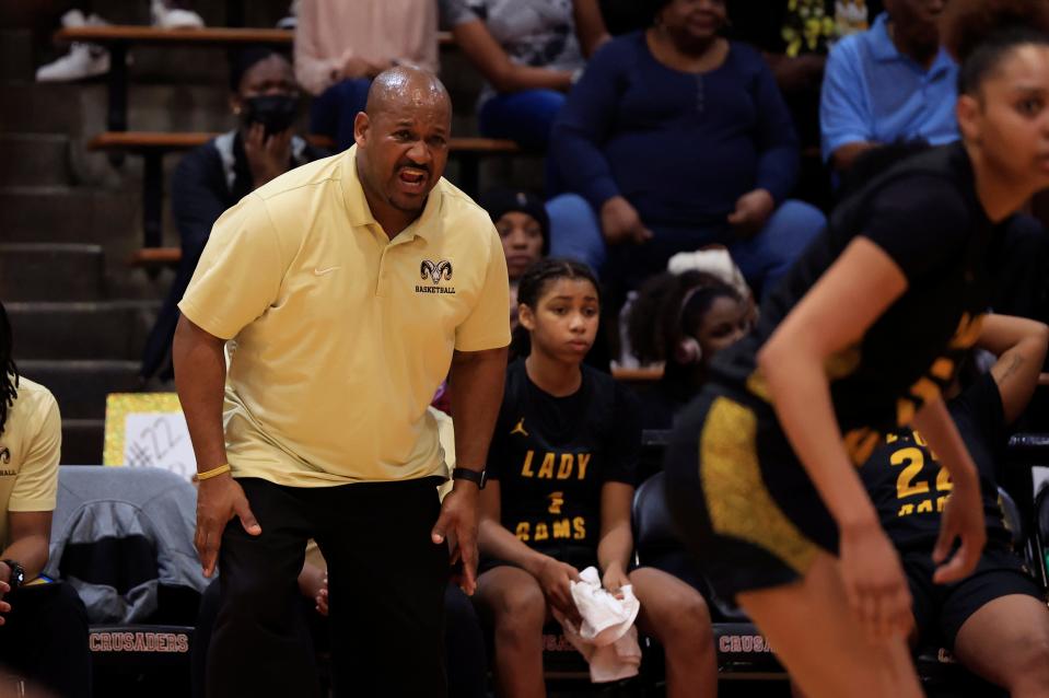 Rutherford head coach Tony Davis yells to the team during the fourth quarter of a FHSAA Region 1-4A girls basketball final Thursday, Feb. 22, 2024 at Bishop Kenny High School in Jacksonville, Fla. The Bishop Kenny Crusaders held off the Rutherford Rams 53-39. [Corey Perrine/Florida Times-Union]