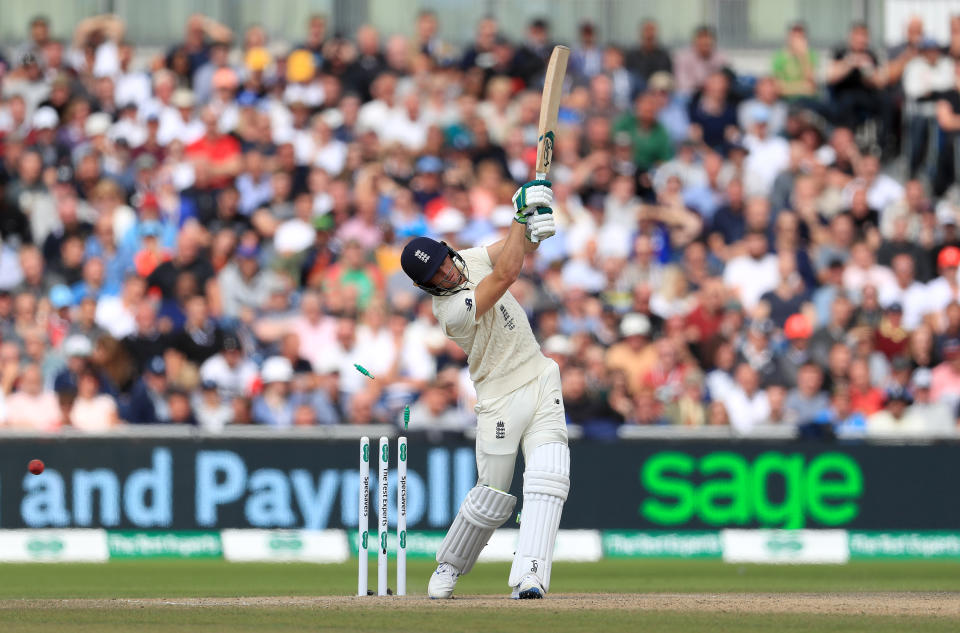 England's Jos Buttler is dismissed by Australia's Mitchell Starc (not pictured) to end the innings during day four of the fourth Ashes Test at Emirates Old Trafford, Manchester. (Photo by Mike Egerton/PA Images via Getty Images)