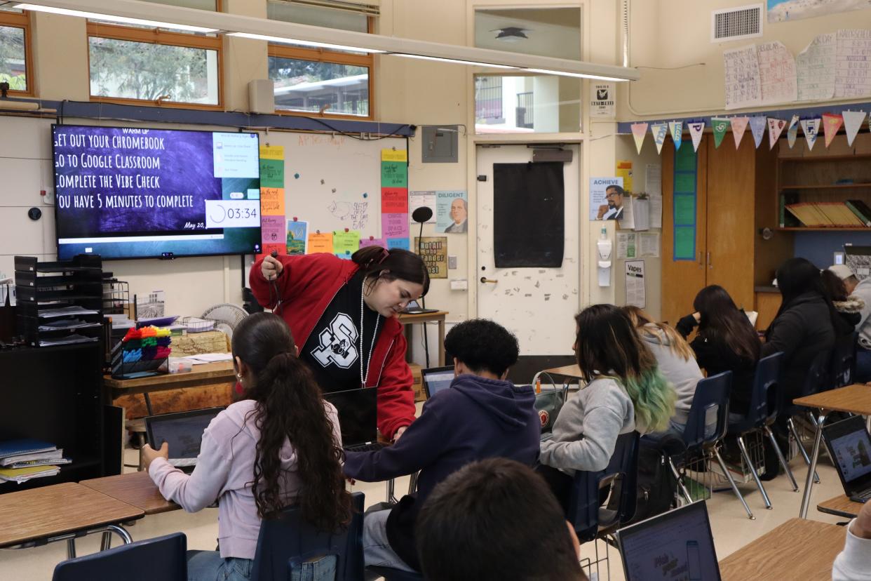 Megan Hernandez teaches a class recently at Santa Paula High School.