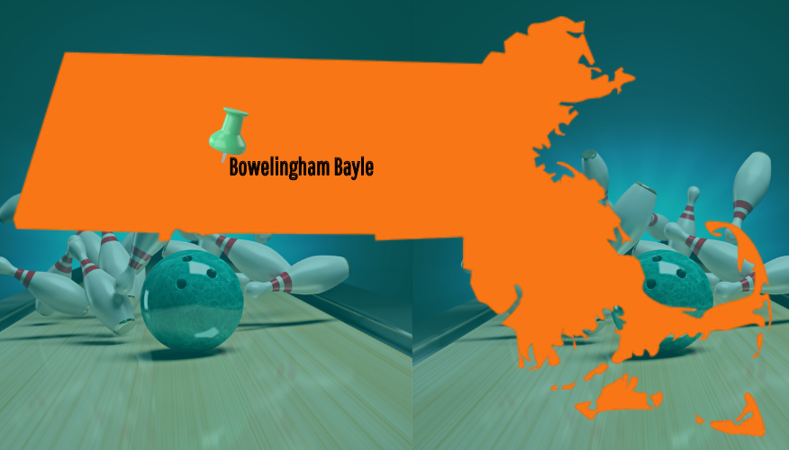 map of Massachusetts imposed on a photo of bowling