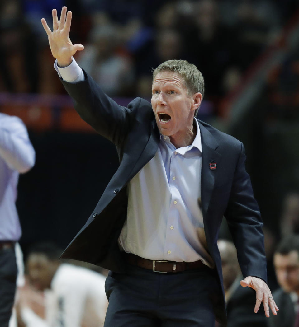 FILE - In this March 15, 2018, file photo, Gonzaga head coach Mark Few calls to his team during the second half of an NCAA college basketball tournament first-round game against UNC-Greensboro, in Boise, Idaho. Gonzaga is ranked No. 3 in The Associated Press Top 25 preseason poll released Monday, Oct. 22, 2018. (AP Photo/Ted S. Warren, File)