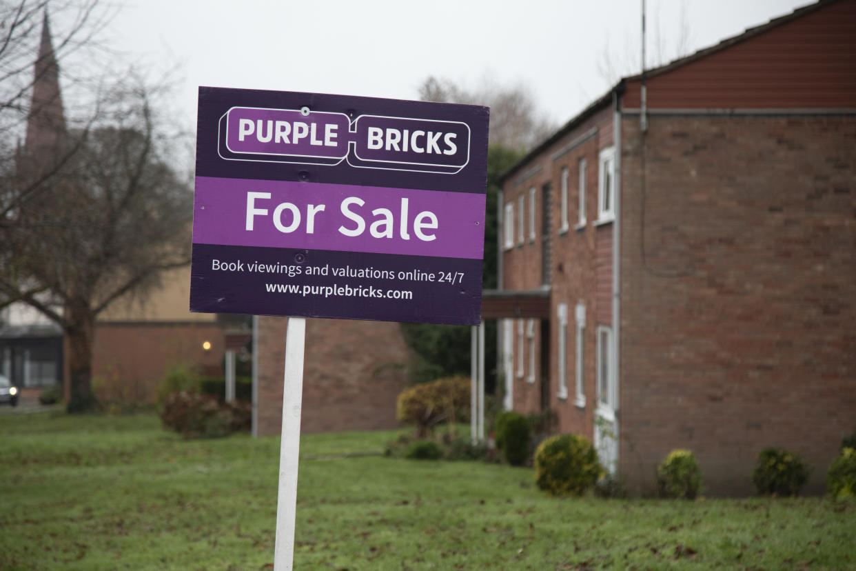 Purple Bricks For Sale sign in Moseley / Kings Heath area in Birmingham, United Kingdom. Purplebricks is a British online estate agent. Founded in 2012. (photo by Mike Kemp/In PIctures via Getty Images)