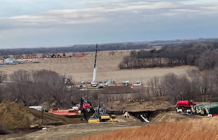 A view of the land repair work underway at site of an oil spill from Keystone Pipeline